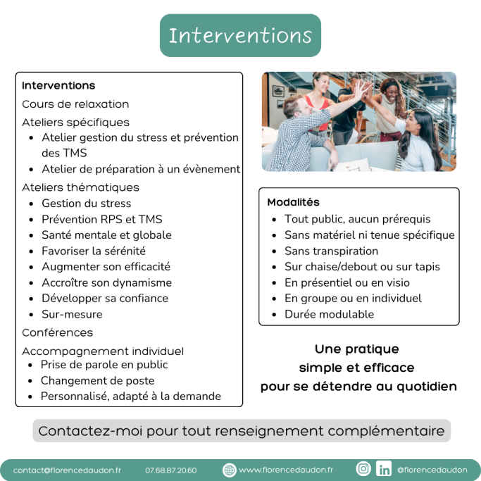 tout public stress tension physique psychique santé mentale TMS RPS bien-être détente pratique théorie collectif individuel Paris visio