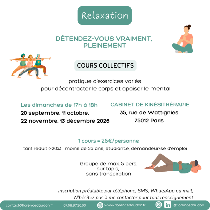 relaxation 2026 Paris 75012 cours collectifs groupe détente bien-être stress sédentarité santé globale mentale psychique corporel physique
